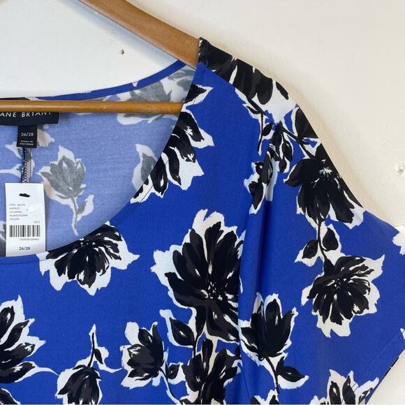 Lane Bryant Blue Black floral knit short sleeve belted dress womens 26 28 new - Picture 4 of 16